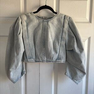 Zara Denim Blue Cropped Puffed Blouse Top XS Long Sleeve Grunge Preppy Cocquette